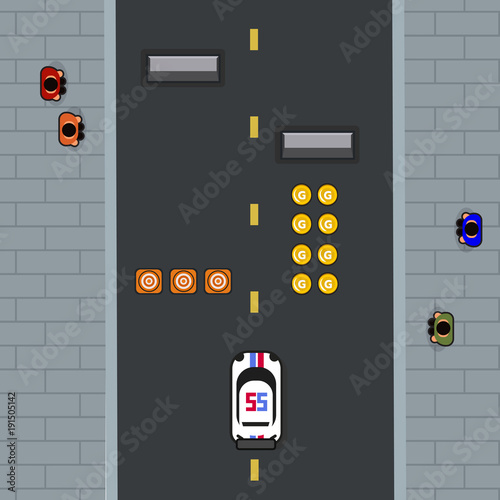 Interface with item of racing game or traffic game and road city concept   background. game design.