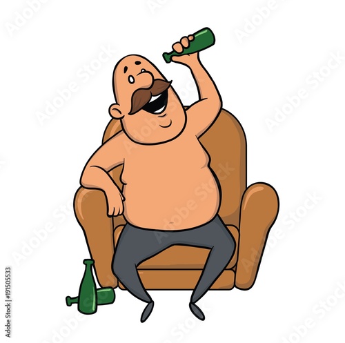 Man sitting in a chair and drinking beer. Vector illustration, isolated on white background.