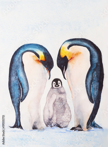 akwarela-przedstawiajaca-rodzine-pingwinow-cesarskich