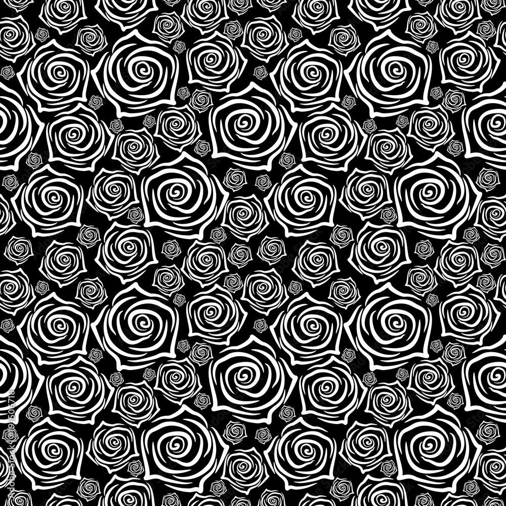 Obraz premium Beautiful seamless pattern with white roses on black background. Vector illustration.