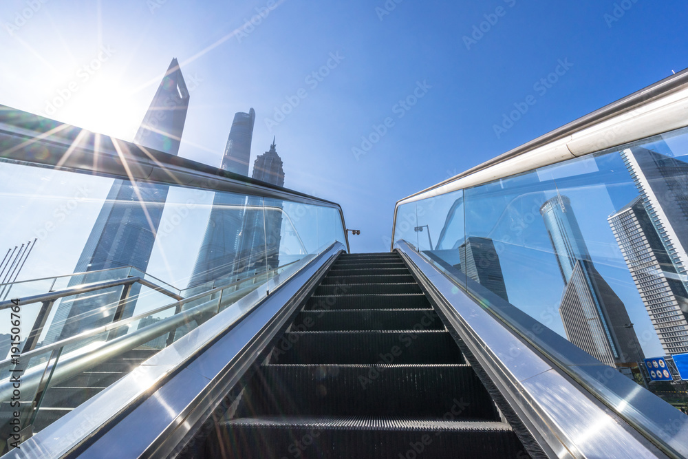 escalator with modern office building
