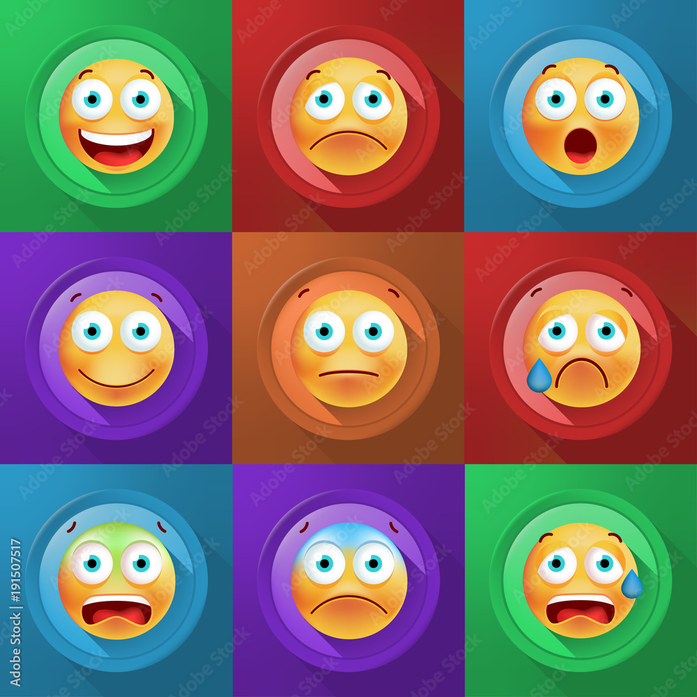 Fototapeta premium Set of Cute Emoticons on Color Button on Color Background . Isolated Vector Illustration 