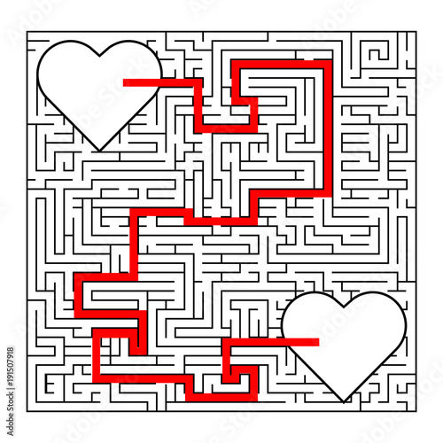 Complex maze puzzle game (high level of difficulty) with way (exit or answer). Success. 2 loving hearts in a labyrinth. Puzzle for St. Valentine Day (14 February) Find your true love