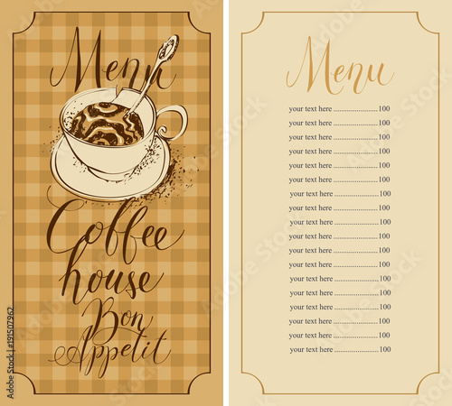 Vector menu for coffee house with handwritten inscriptions, a broken coffee cup and a price list in a figured frame on the background of checkered tablecloth in retro style