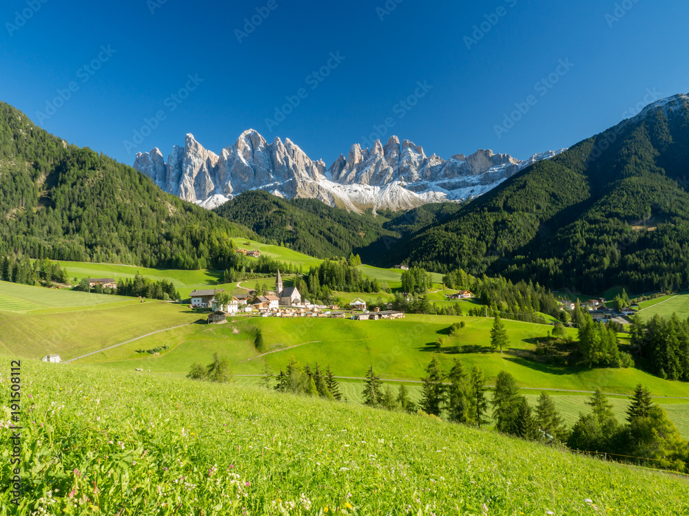 Santa Maddalena village in front of the Geisler or Odle Dolomites Group , Val di Funes, Italy, Europe. September, 2017
