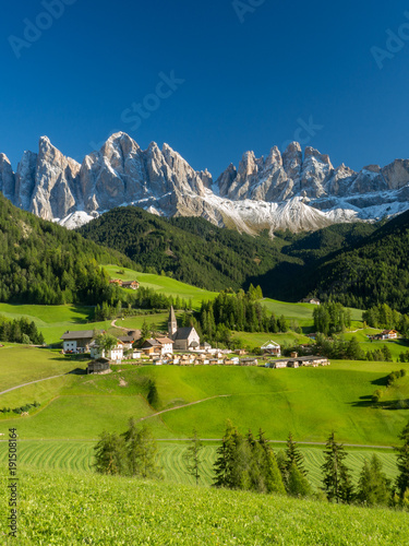 Santa Maddalena village in front of the Geisler or Odle Dolomites Group , Val di Funes, Italy, Europe. September, 2017