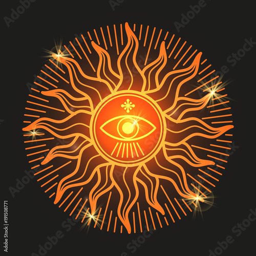Esoteric mystery shiny sun sign on black background