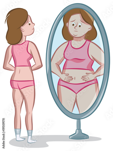 Teenage girl looking at her distorted body image in the mirror.