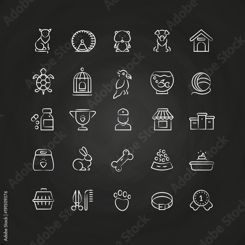 White pet shop, animals hand drawn line vector icons