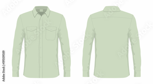 Men's green dress shirt. Front and back views on white background