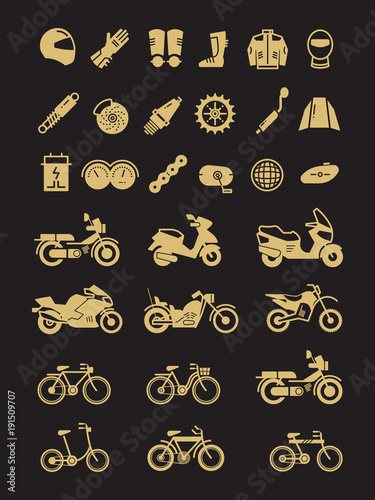 Racing motorcycle, bicycle, motorbike parts and transportation vector icons © MicroOne