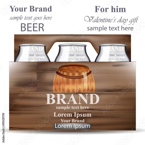 Beer bottles in wooden box. Product packaging brand Vector realistic illustra...