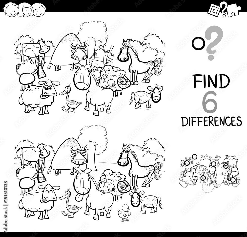 differences game with farm animals coloring book