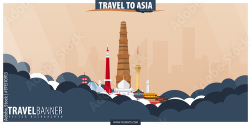 Travel to Asia. Travel and Tourism poster. Vector flat illustration.