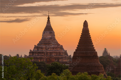 Beautiful sunrise over the ancient pagodas in Bagan  Myanmar