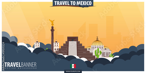 Travel to Mexico. Travel and Tourism poster. Vector flat illustration.
