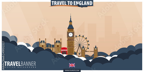 Travel to England. Travel and Tourism poster. Vector flat illustration.