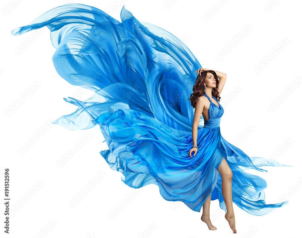 Woman Flying Blue Dress, Elegant Fashion Model in Fluttering Gown on