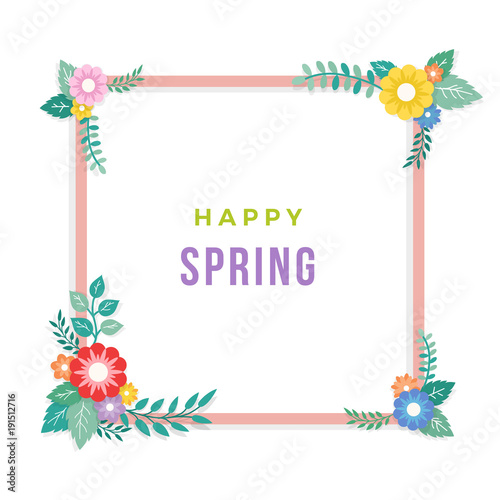 Happy Spring Text with Frame of Bouquet Flower Arrangement and Leaf Ornament. Greeting Card, Background, Poster, Banner Template.