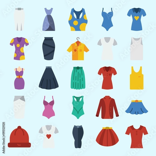 icons set about Women Clothes. with pants  dress  swimsuit  skirt  shirt and tank top