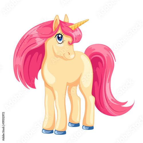 Cartoon unicorn with pink hair.