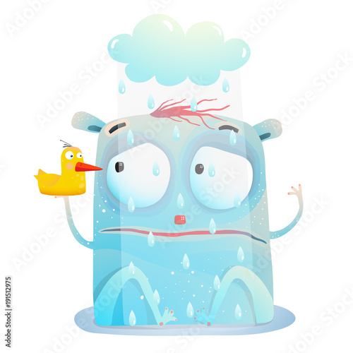 Creature sitting in the rain with friend toy duck. Vector cartoon.
