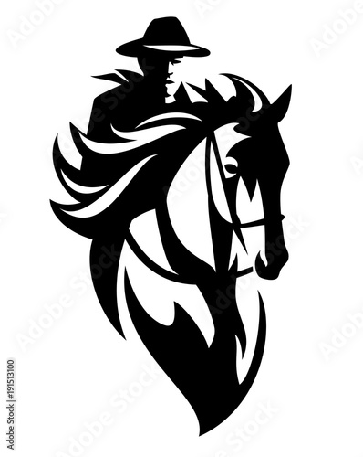 cowboy riding a horse black and white vector design
