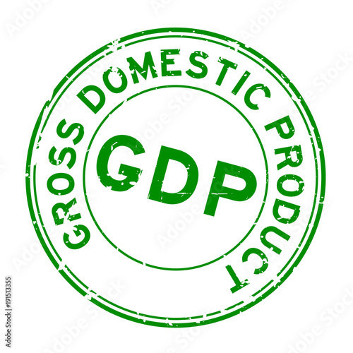 Grunge green GDP (Gross domestic product) round rubber seal stamp on white background