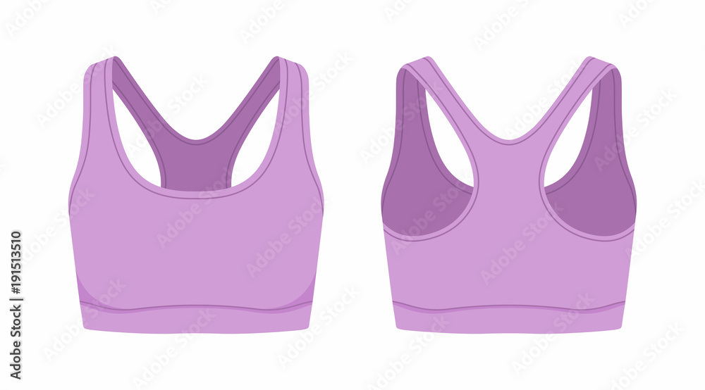 Front and back views of women's purple sport bra on white background Front and back views of women's purple sport bra on white background