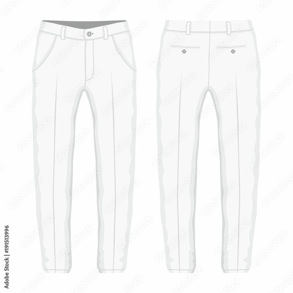Men's white trousers. Front and back views on white background Men's white trousers. Front and back views on white background