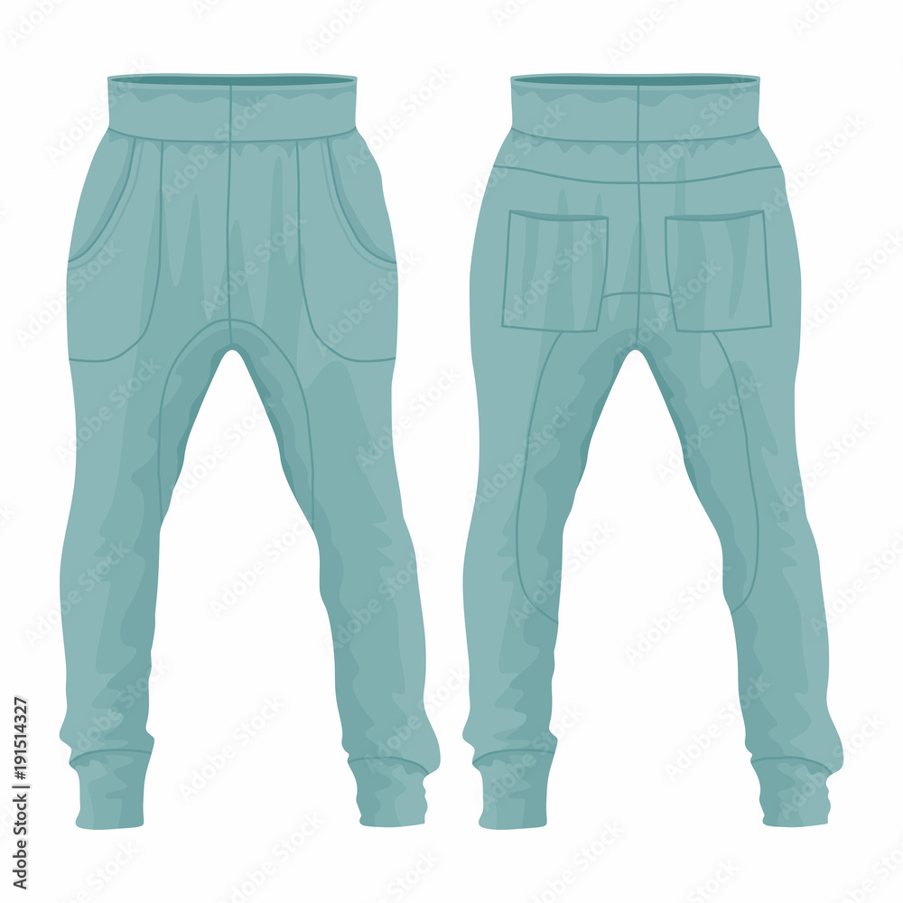 Men's blue sweatpants. Front and back views on white background Men's blue sweatpants. Front and back views on white background