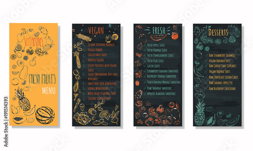 Vegan menu flayers with hand drawn fruits and vegetables collection on blackboard background. Simple menu solution for raw vegan cafe.