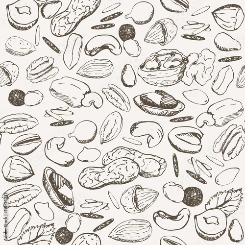Nut seamless vintage sketch pattern. Hand drawn nuts sketches on white background. photo