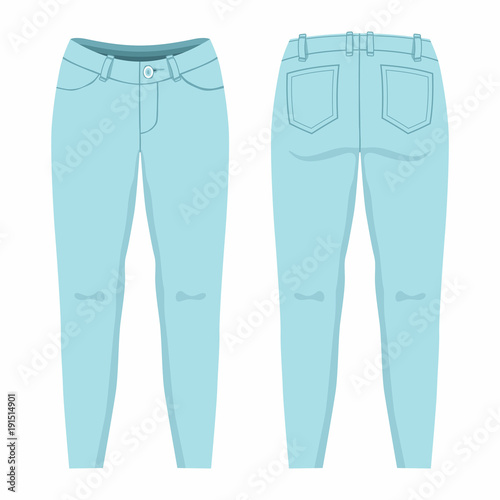  Women's light blue jeans. Front and back views on white background