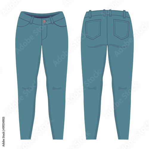  Women's dark blue jeans. Front and back views on white background