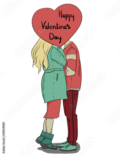 Valentine s Day. Girl and boyfriend kissing on white background