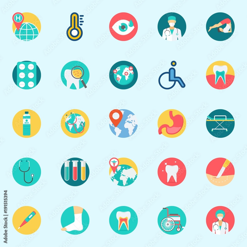 icons set about Medical. with teeth, tablets, stomach, thermometer, location and wheelchair icons set about Medical. with teeth, tablets, stomach, thermometer, location and wheelchair