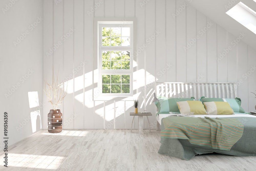 Obraz premium Inspiration of white minimalist bedroom with summer landscape in window. Scandinavian interior design. 3D illustration