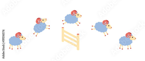 Herd of lamb or sheep jumping over the fence.