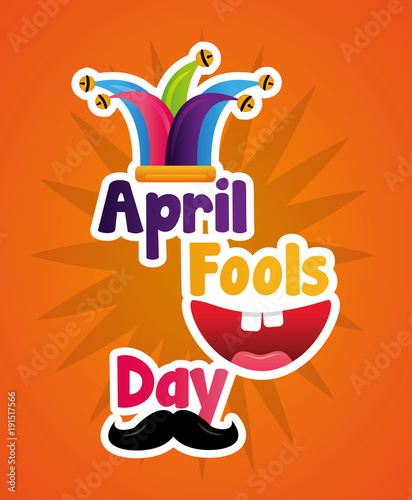 cheerful mouth mustache and hat april fools day lettering text vector illustration
