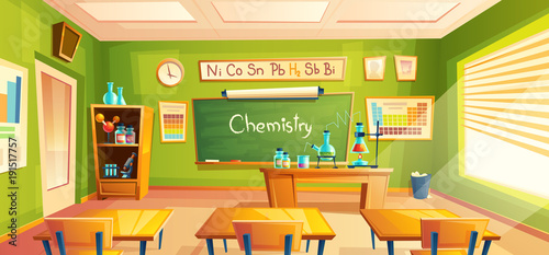 Vector chemistry room, school laboratory, classroom interior. Educational concept, chemical experiments, cabinet furniture, blackboard, desks, school supplies. Illustration for advertising web