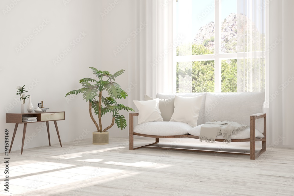 Idea of white room with sofa and summer landscape in window. Scandinavian interior design. 3D illustration Idea of white room with sofa and summer landscape in window. Scandinavian interior design. 3D illustration