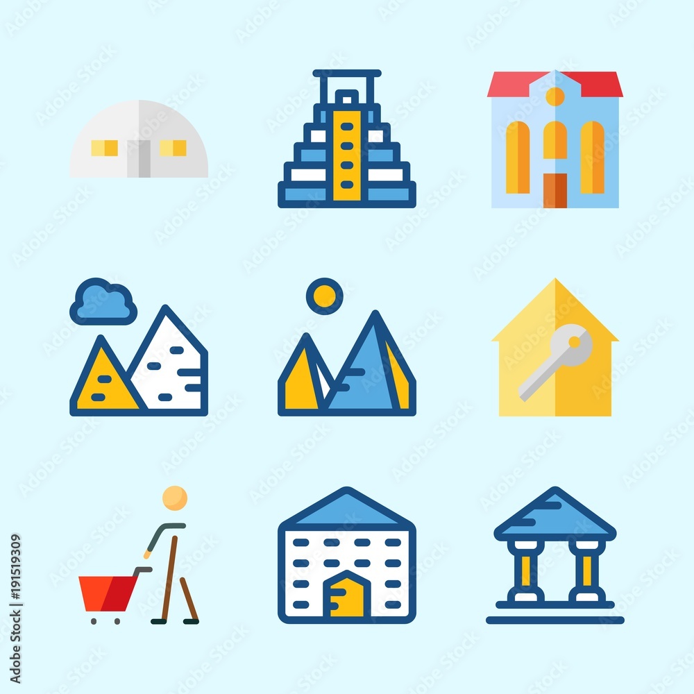 Icons about Construction with pyramids, real estate, store house, hotel, pyramid and shopping Icons about Construction with pyramids, real estate, store house, hotel, pyramid and shopping