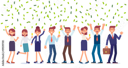 Business people celebrating victory.  Business team standing under money rain. Cartoon style, flat vector illustration isolated on white background.