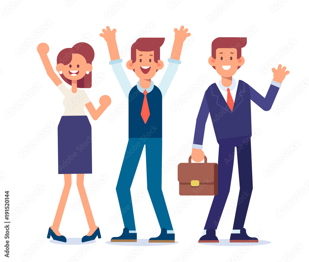 Business people celebrating victory.  Business team standing under money rain. Cartoon style, flat vector illustration isolated on white background.