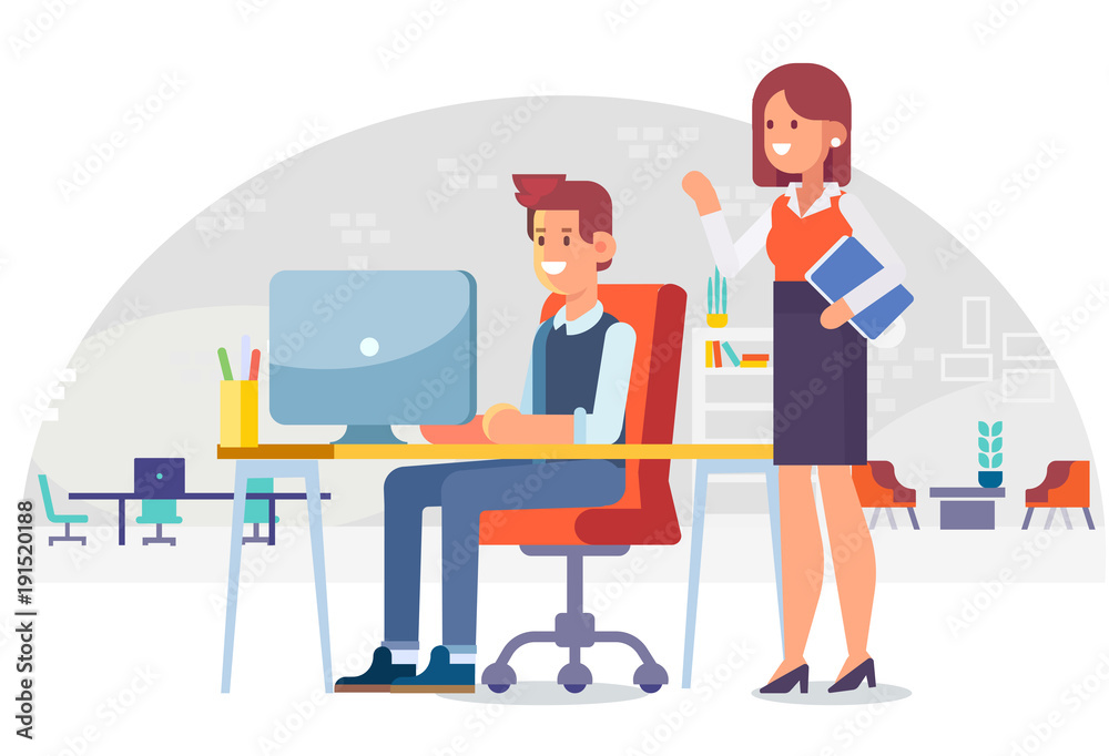 Teamwork. Office people. Boss. Flat style, vector illustration.