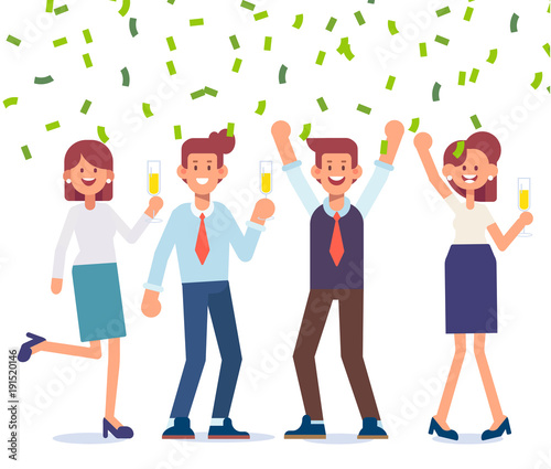 Business people celebrating victory. Business team standing under money rain. Cartoon style, flat vector illustration isolated on white background.