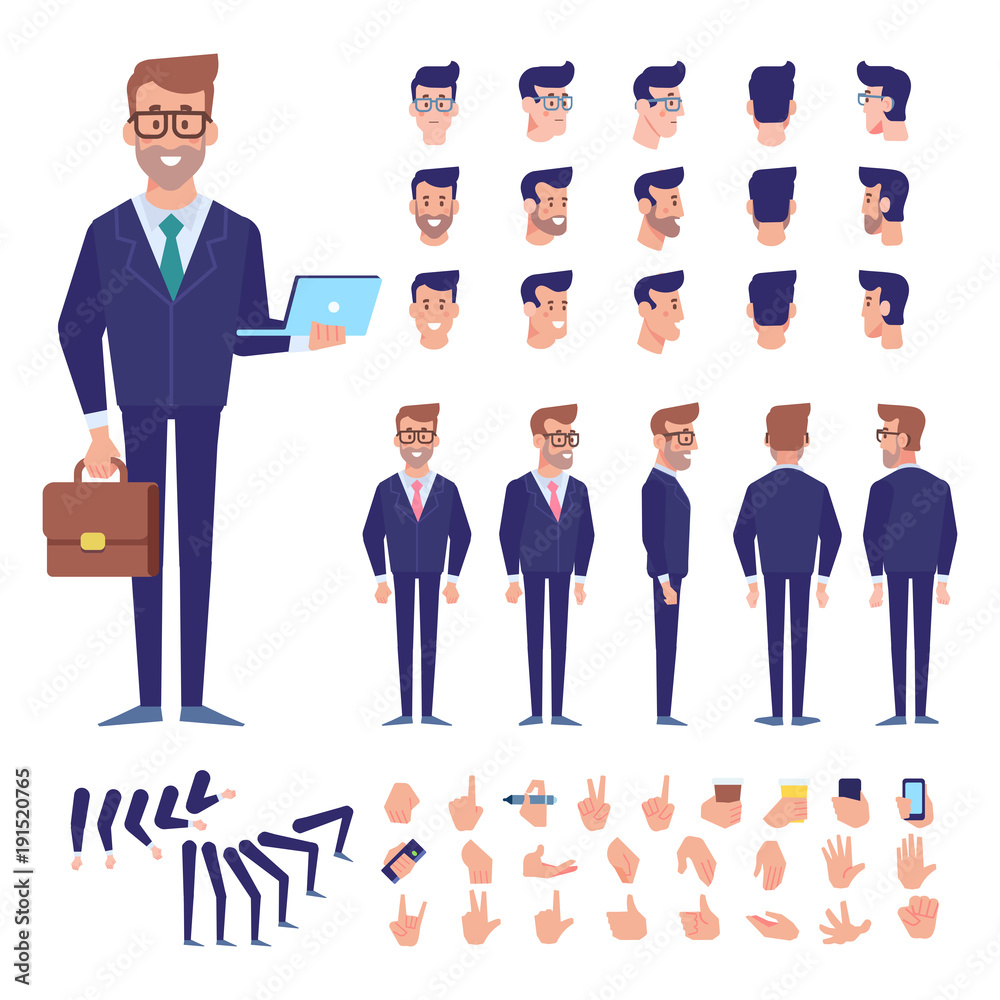 Front, side, back view animated character. Business man character creation set with various views, hairstyles, poses and gestures. Cartoon style, flat vector illustration. Front, side, back view animated character. Business man character creation set with various views, hairstyles, poses and gestures. Cartoon style, flat vector illustration.
