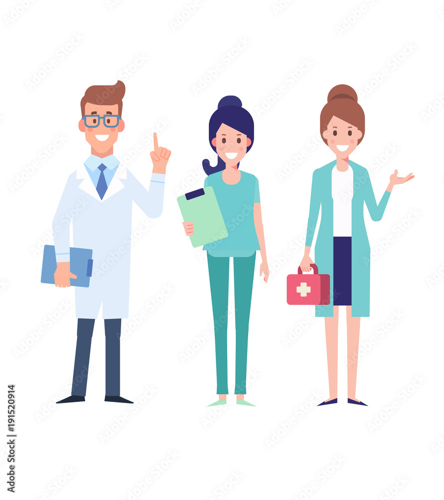 Team of medical workers isolated on a white background. Flat Vector illustration in cartoon style.