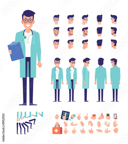 Doctor character for your scenes. Character creation set with various views,face emotions, lip sync, poses and gestures. Parts of body template for design work and animation.